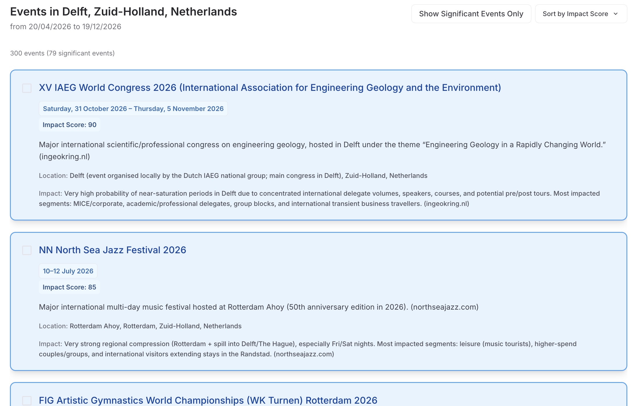 Sample of the events page